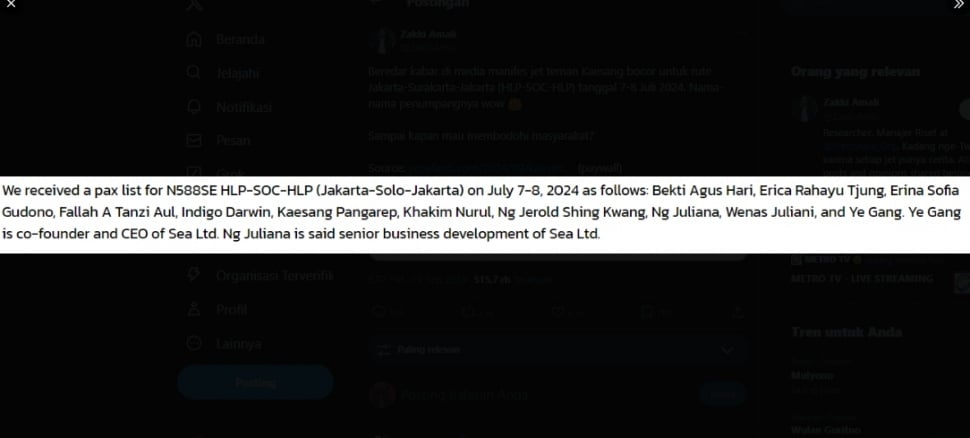 Penampakan daftar nama penumpang pesawat jet pribadi yang ditumpangi Kaesang dan Erina. (Tangkapan layar/X)