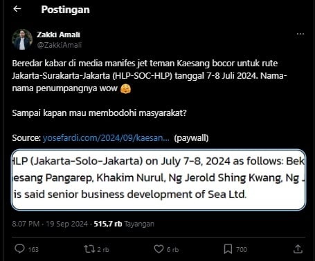 Unggahan netizen soal bocornya data penumpang jet pribadi yang ditumpangi Kaesang dan Erina. (Tangkapan layar/X)