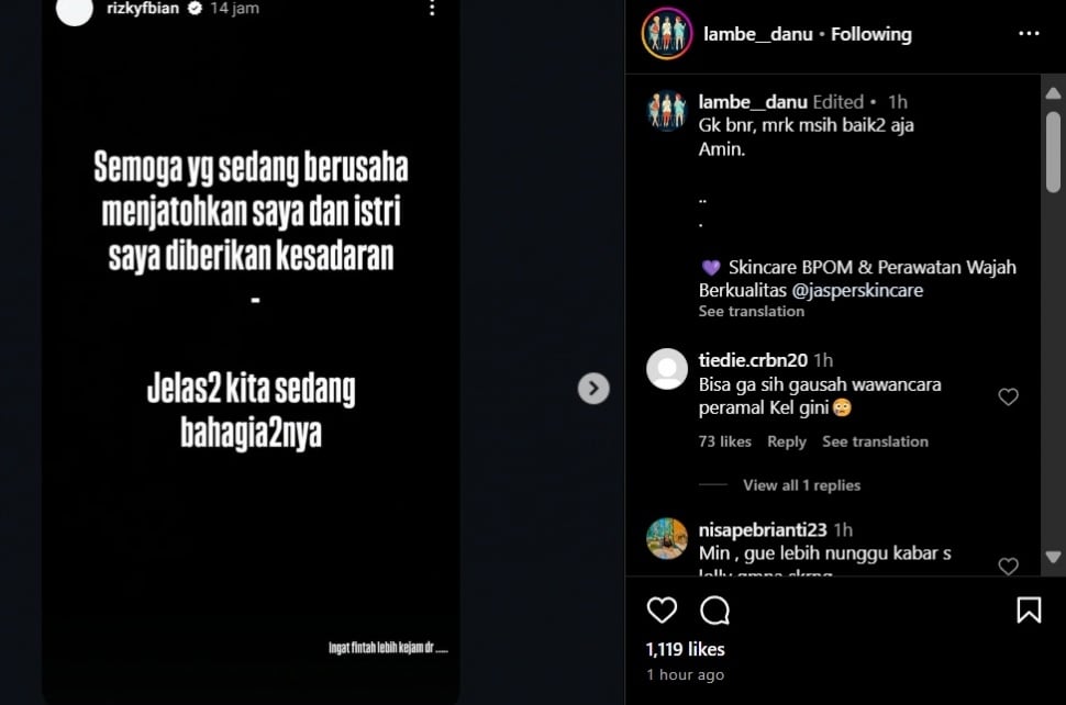 Rizky Febian soal isu perselingkuhan Mahalini. (Instagram/@lambe__danu)