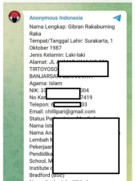 Akun Anonymous Indonesia membagikan data yang diduga milik Fufufafa. (Telegram)