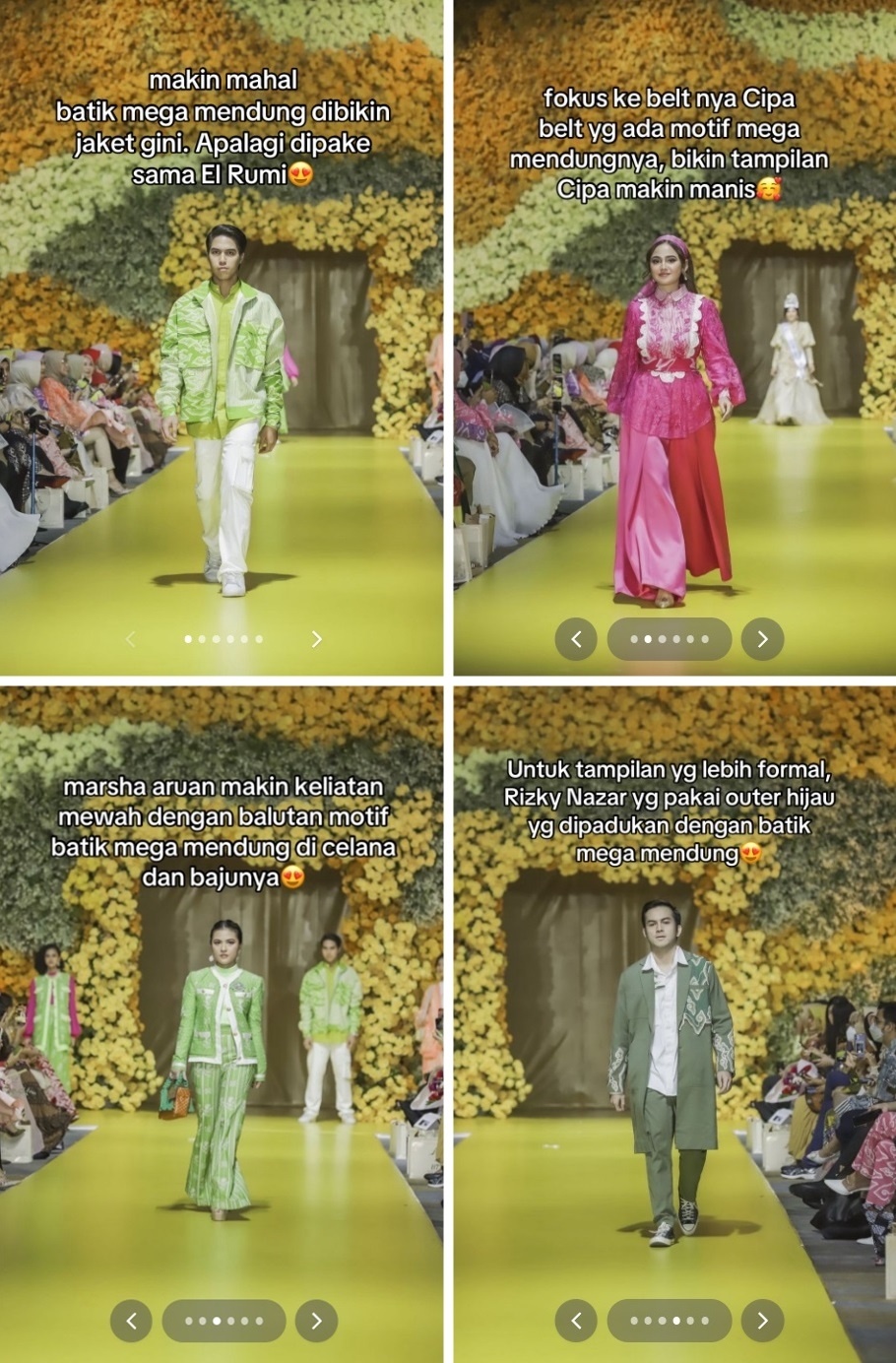 Penampilan El Rumi, Syifa Hadju, Marsha Aruan, dan Rizky Nazar di satu fashion show yang sama. (TikTok/@kayajalursukses)