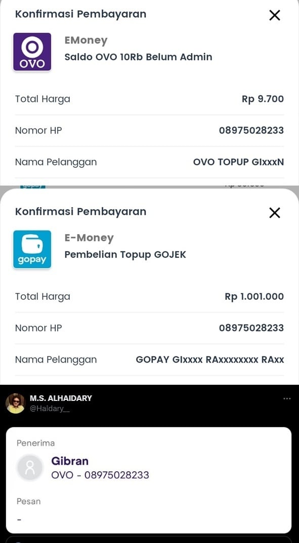 Tangkapan layar top up akun e-wallet @/fufufafa. (X/@DenCybr/@Haidary__)