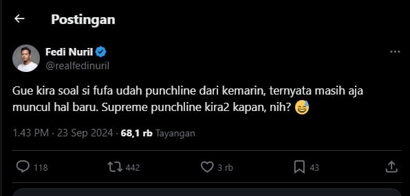 Cuitan Fedi Nuril yaang tak mengira ada bukti baru soal akun Fufufafa hasil penelusuran netizen. (tangkapan layar/X)