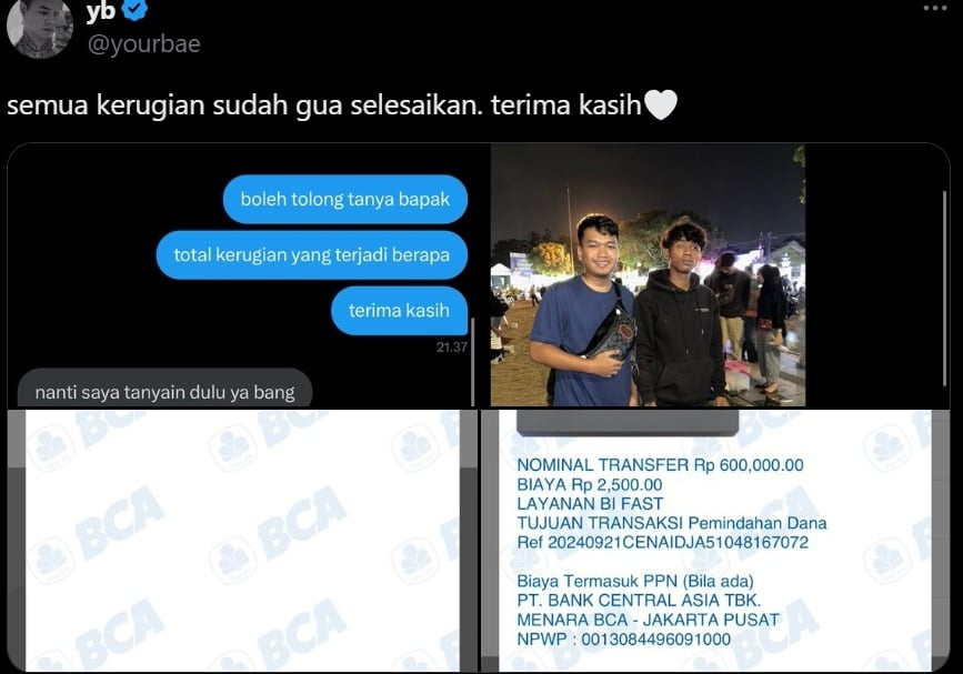 Unggahan Reza Arap ganti rugi pedagang terdampak kerumuman IShowSpeed di Alun-alun Selatan. [@yourbae/X]