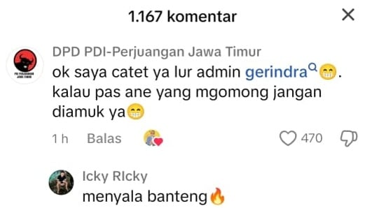 Akun PDIP berkomentar kocak ke Gerindra. (TikTok)