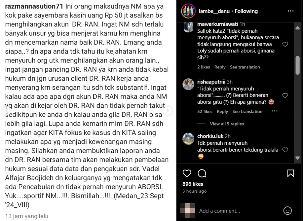 Tangkapan layar klarifikasi Razman Arif Nasution soal dugaan aborsi yang menjerat Vadel Badjideh. (Instagram/@lambe__danu)