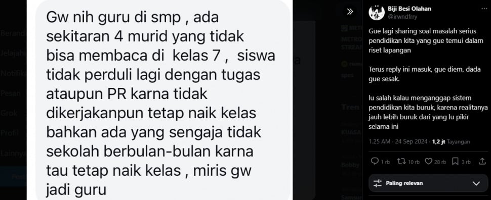 Curhatan guru dari hasil riset Ferry Irwandi soal banyaknya murid SMP yang belum bisa membaca. (Tangkapan layar/x)