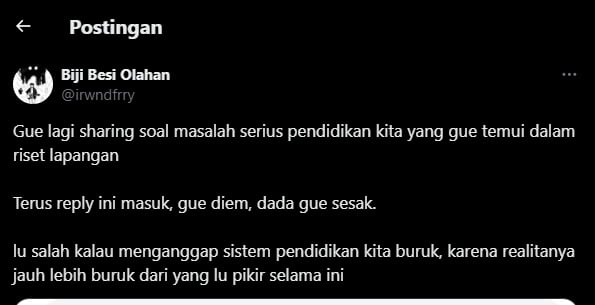 Cuitan Youtuber Ferry Irawandi soal curhatan guru SMP yang mengaku banyak muridnya tidak bisa membaca. (tangkapan layar/X)