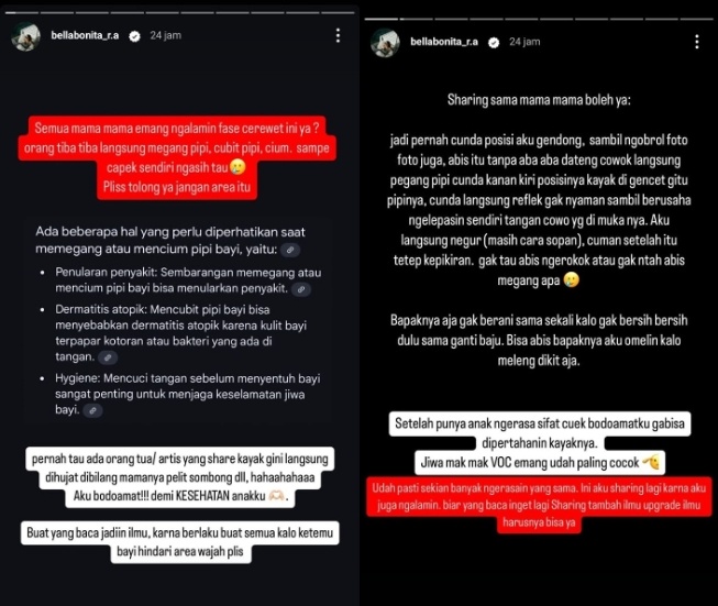 Postingan Bella Bonita soal larangan memegang pipi Cundamani (Instagram)