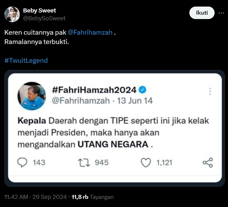 Cuitan lawas Fahri Hamzah. (x/BebySoSweet)