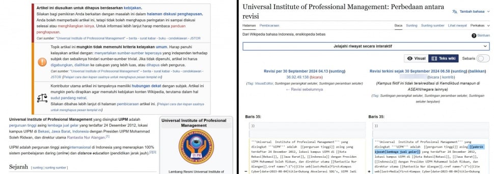 Tangkapan layar Wikipedia Universal Institute of Professional Management (UIPM) diduga telah diedit menjadi lembaga jual gelar oleh warganet. (id.wikipedia.org)