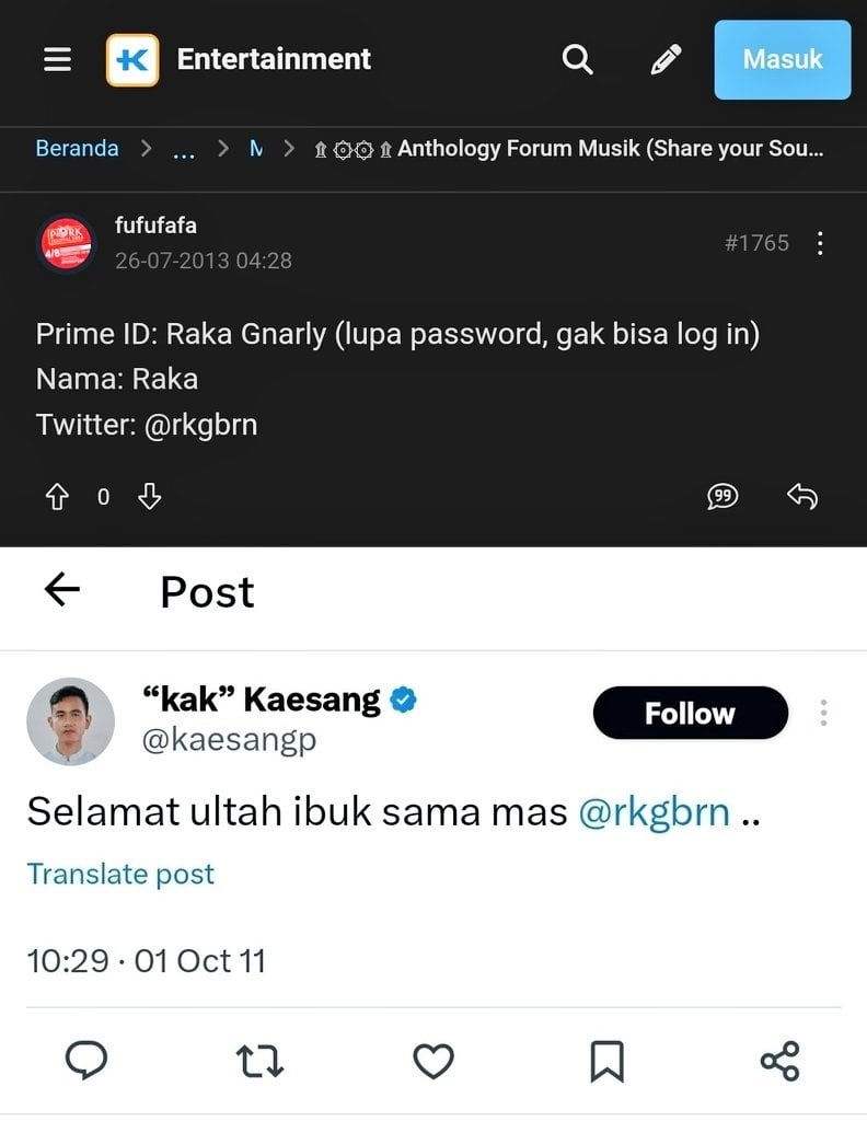 Ucapan ultah Kaesang Pangarep untuk Gibran Rakabuming Raka tersambung ke akun Fufufafa. (X/@JhonSitorus_18)