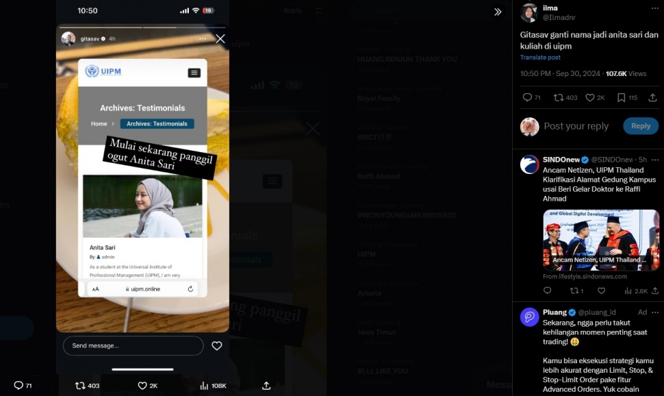 Tangkapan layar Instagram Story Gita Savitri mengaku dicatut sebagai mahasiswa UIPM. (X/@Ilmadnr)