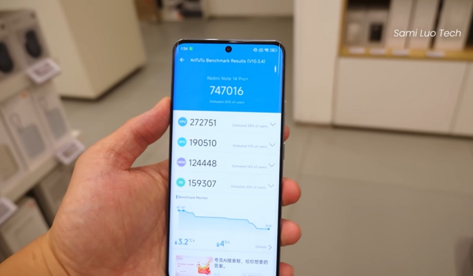 Skor AnTuTu Redmi Note 14 Pro Plus. (YouTube/ Sami Luo Tech)