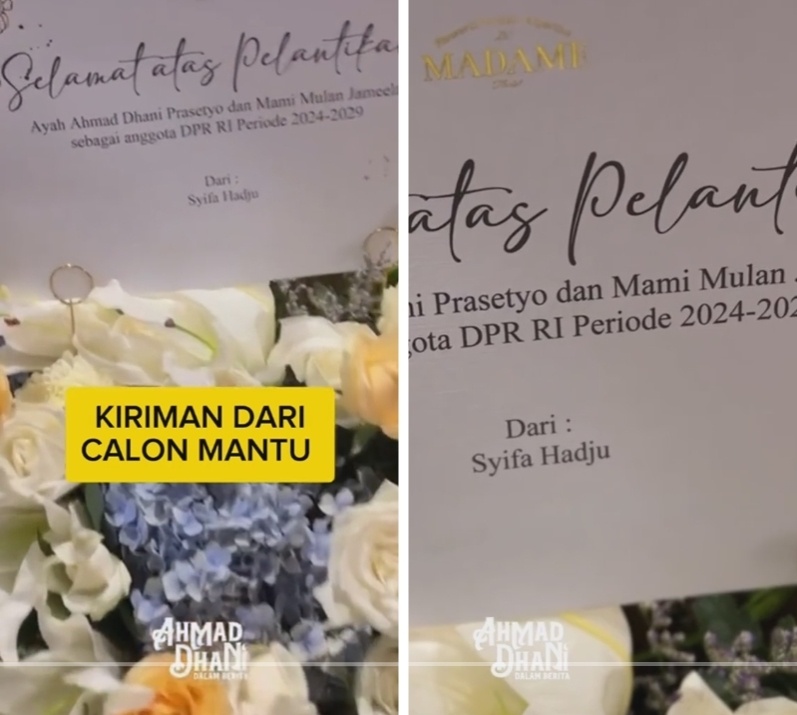 Kiriman bunga Syifa Hadju saat Pelantikan DPR Ahmad Dhani dan Mulan Jameela. (TikTok/@nadira.ub)