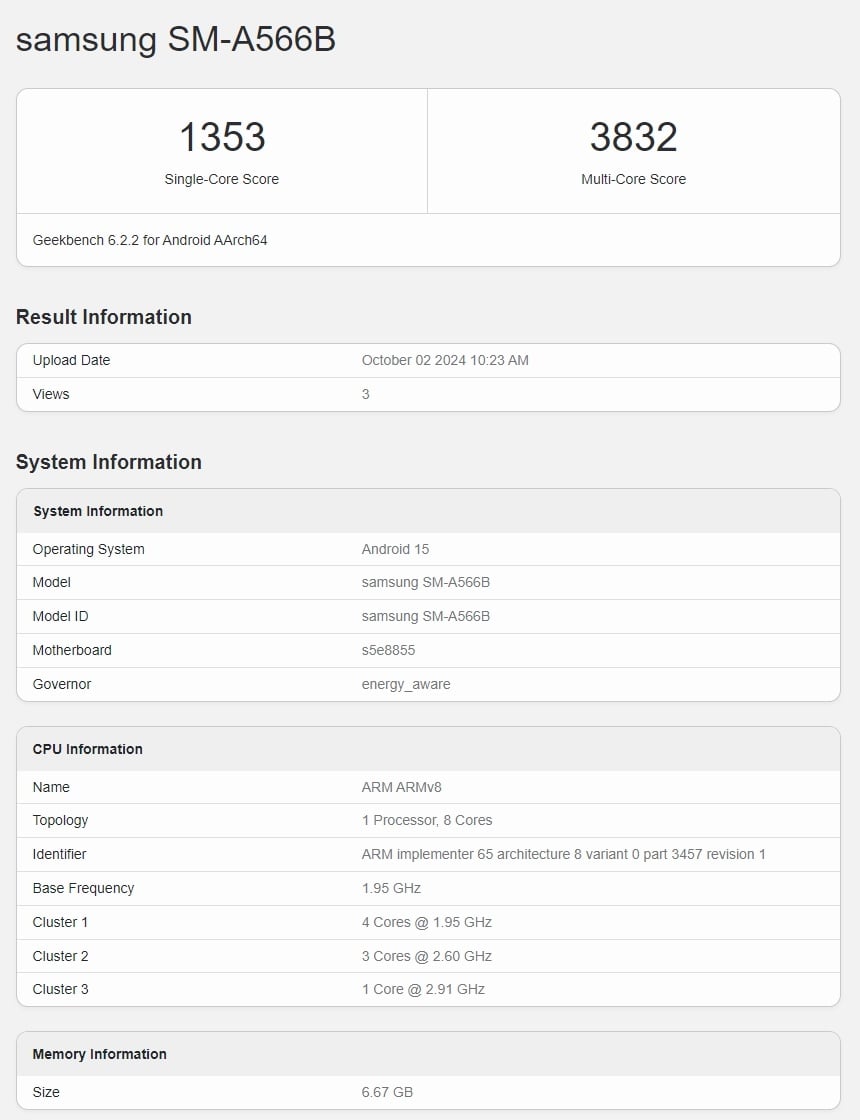 Hasil benchmark Samsung Galaxy A56. (Geekbench)