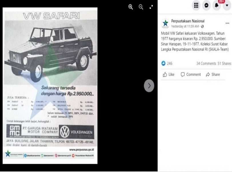 Iklan jadul mobil VW 1970-an. (Facebook/ Perpustakaan Nasional)