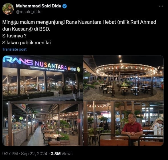 Kondisi bisnis kuliner Raffi Ahmad dan Kaesang Pangarep, Rans Nusantara Hebat, yang diduga sepi. (X/@msaid_didu)