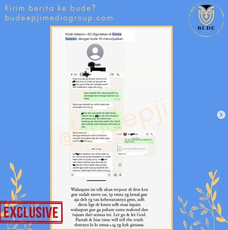 Tangkapan layar diduga chat Pratama Arhan dan Rachel Vennya soal perselingkuhan Azizah Salsha dan Salim Nauderer. (Instagram/@budepji)