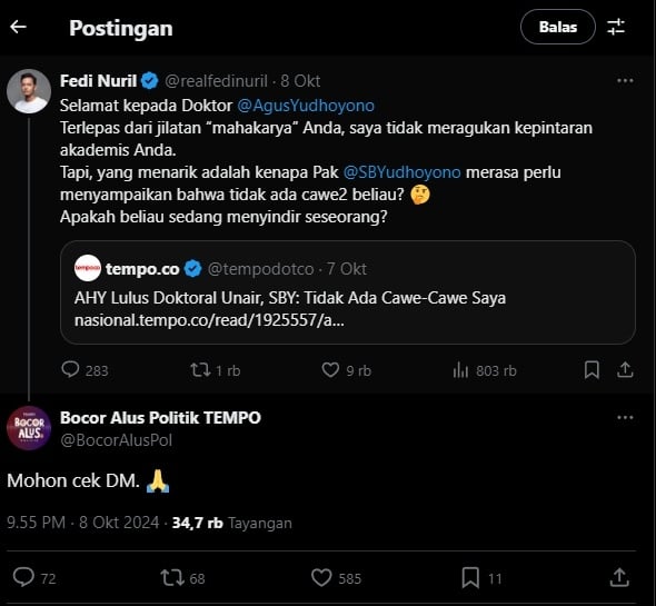 Cuitan Fedi Nuril ditanggapi oleh admin akun X Bocor Alus Politik TEMPO. (tangkapan layar/X)