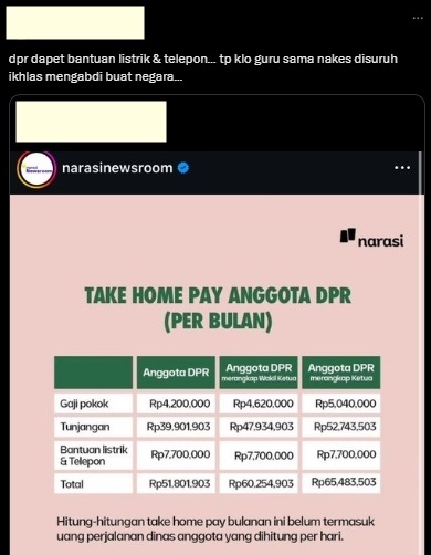 Bantuan listrik dan telepon anggota DPR RI jadi sorotan. (X)