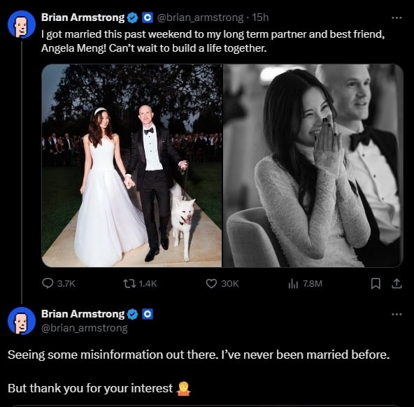 Brian Armstrong membantah pernah menikah dengan Raline Shah. (X/@brian_armstrong)