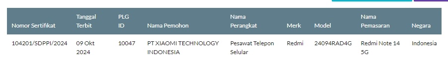 Redmi Note 14 5G lolos sertifikasi. (SDPPI)