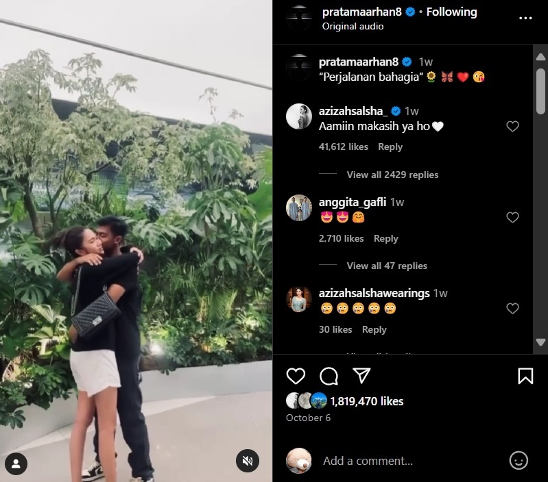 Jawaban singkat Azizah Salsha buat postingan romantis Pratama Arhan. (Instagram/@pratamaarhan8)