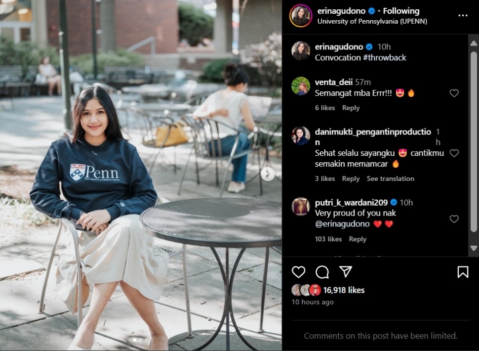 Erina Gudono batasi kolom komentar saat pamer momen di University of Pennsylvania. (Instagram/@erinagudono)