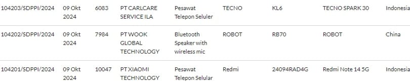 Tecno Spark 30 lolos sertifikasi di Indonesia. (SDPPI)