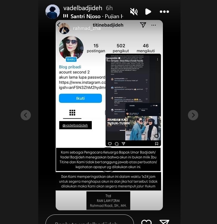 Vadel Badjideh membantah kalau akun @titinebadjideh adalah milik ibunya. [Instagram]