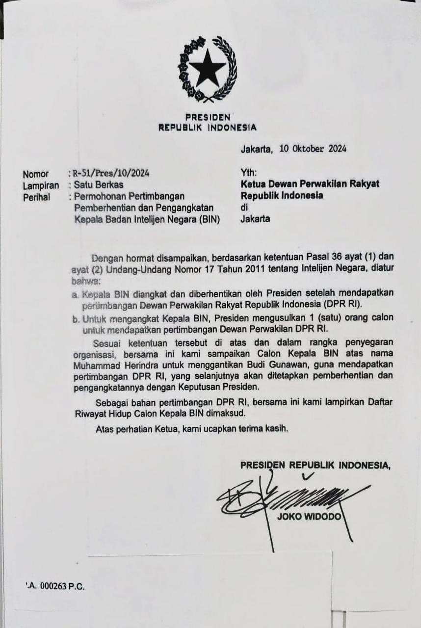 Supres Jokowi usulkan nama Wamenhan Muhammad Herindra gantikan Kepala BIN Budi Gunawan. (tangkapan layar/ist)