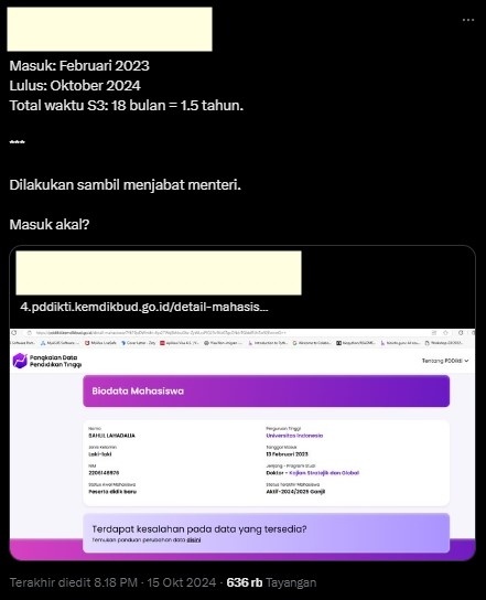 Viral status Bahlil Lahadalia sebagai mahasiswa S3 (X)