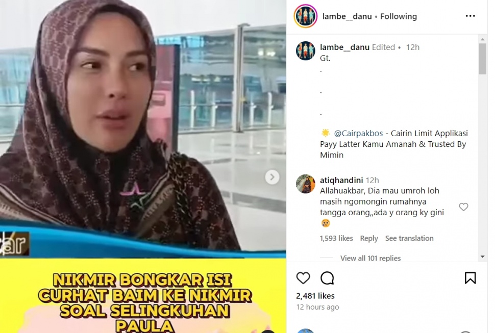 Nikita Mirzani bongkar perselingkuhan Paula Verhoeven sebelum berangkat umrah.(Instagram/@lambe__danu)