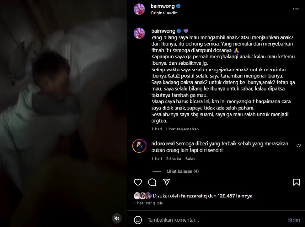 Baim Wong menegaskan tidak pernah memisahkan anak dari Paula Verhoeven. (Instagram/@baimwong)