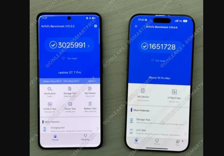 Bocoran skor AnTuTu Realme GT 7 Pro vs iPhone 16 Pro Max. (Smartprix & @OnLeaks)