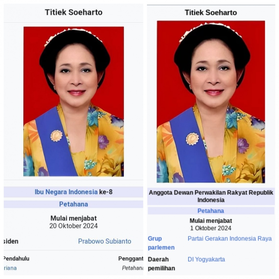 Tangkapan layar Wikipedia Titiek Soeharto: kiri menunjukkan status Titiek sebagai Ibu Negara, kanan menunjukkan status Titiek sebagai Anggota DPR RI. (X/@tanyarlfes [kiri] ; id.wikipedia.org [kanan])