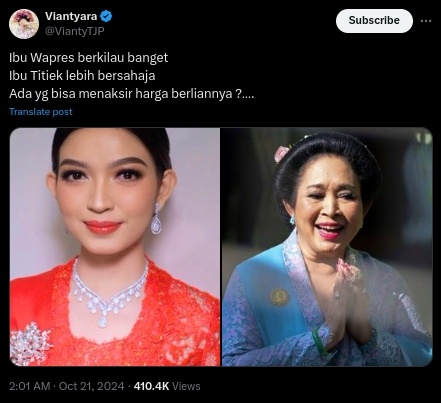 Warganet membandingkan penampilan Selvi Ananda dan Titiek Soeharto di pelantikan Prabowo Subianto dan Gibran Rakabuming Raka. (X/@ViantyTJP)