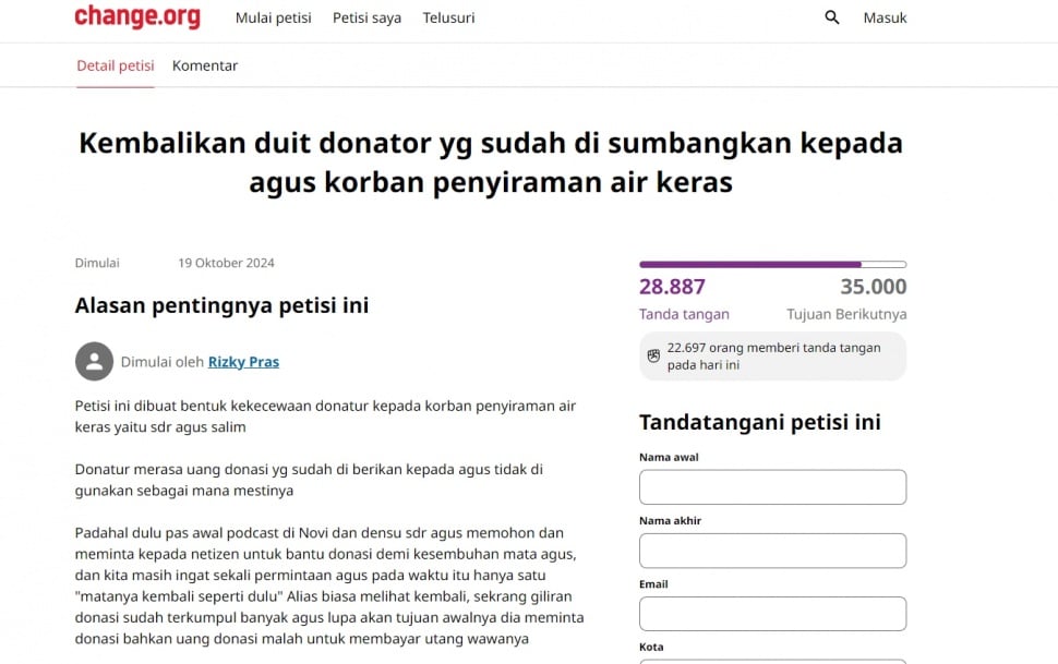  Petisi Donatur Minta Kembalikan Uang Donasi. [Ist]