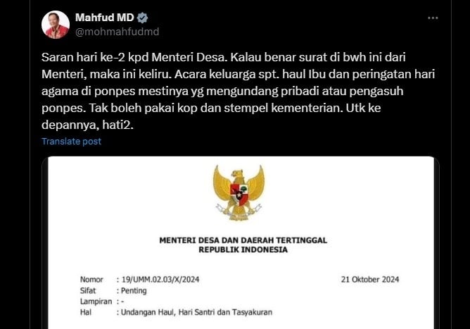 Mahfud MD sentil Yandri Susanto soal undangan haul berkop Menteri Desa (X/mohmahfudmd)