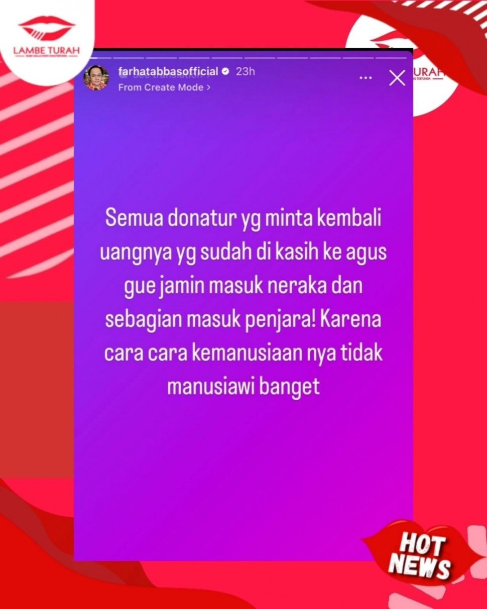 Tangkapan layar sumpah Farhat Abbas untuk donatur Agus Salim yang meminta lagi uang donasinya. (Instagram/@lambe_turah)