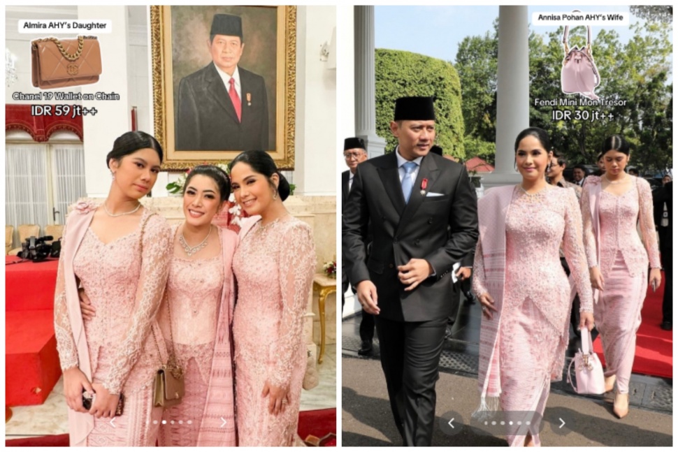 Tas branded Annisa Pohan dan Almira Tunggadewi Yudhoyono di pelantikan AHY. (TikTok/@pixie.authentic)