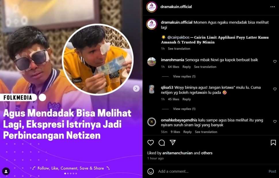 Tangkapan layar pengakuan Agus Salim kembali bisa melihat. (Instagram/@dramakuin.official)