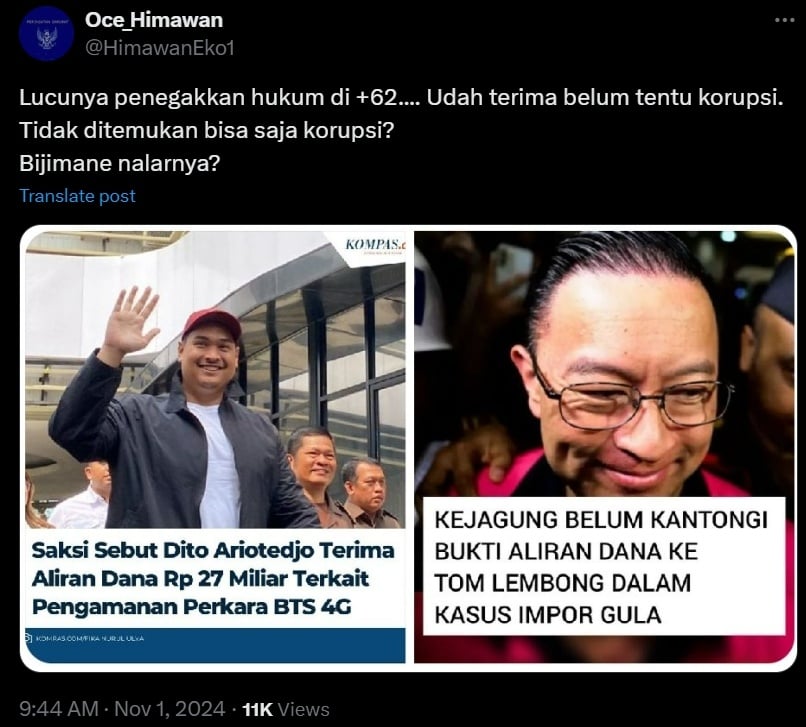 Netizen anggap penangkapan Tom Lembong seperti kelucuan. (X)