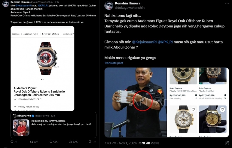 Jam tangan mewah diduga dipakai jaksa kasus Tom Lembong, Abdul Qohar. (X/@tokugawakenshin)