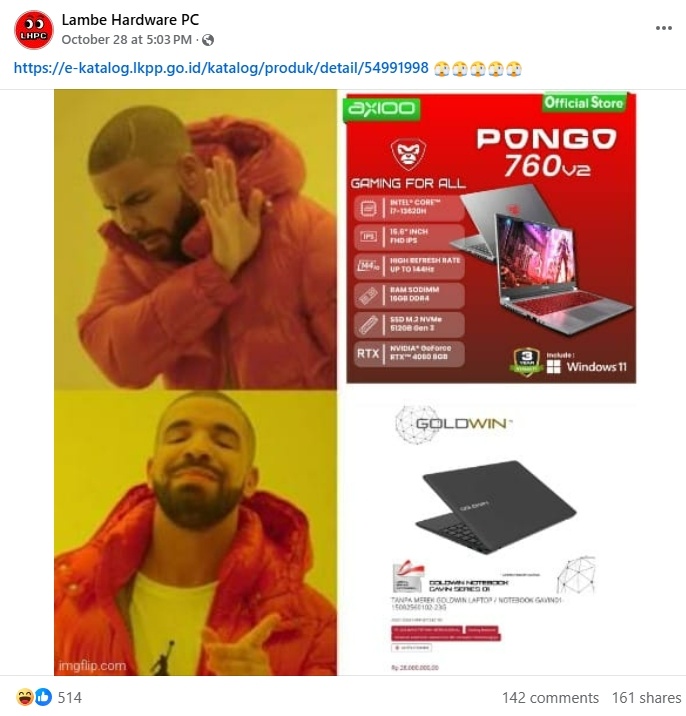 Meme laptop Core i5 RAM 8 GB Rp 28 juta di LKPP. (Facebook)