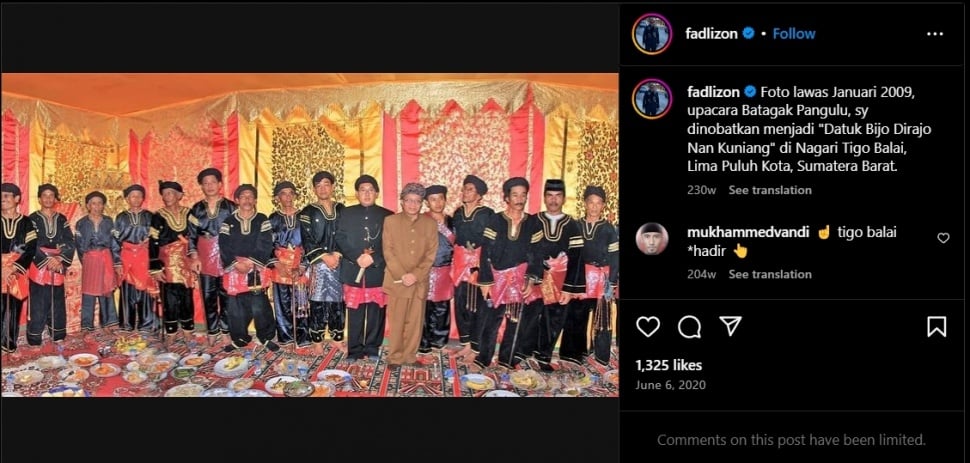 Fadli Zon dapat gelar kehormatan Datuk Bijo Darajo Nan Kuniang. (Instagram/@fadlizon)