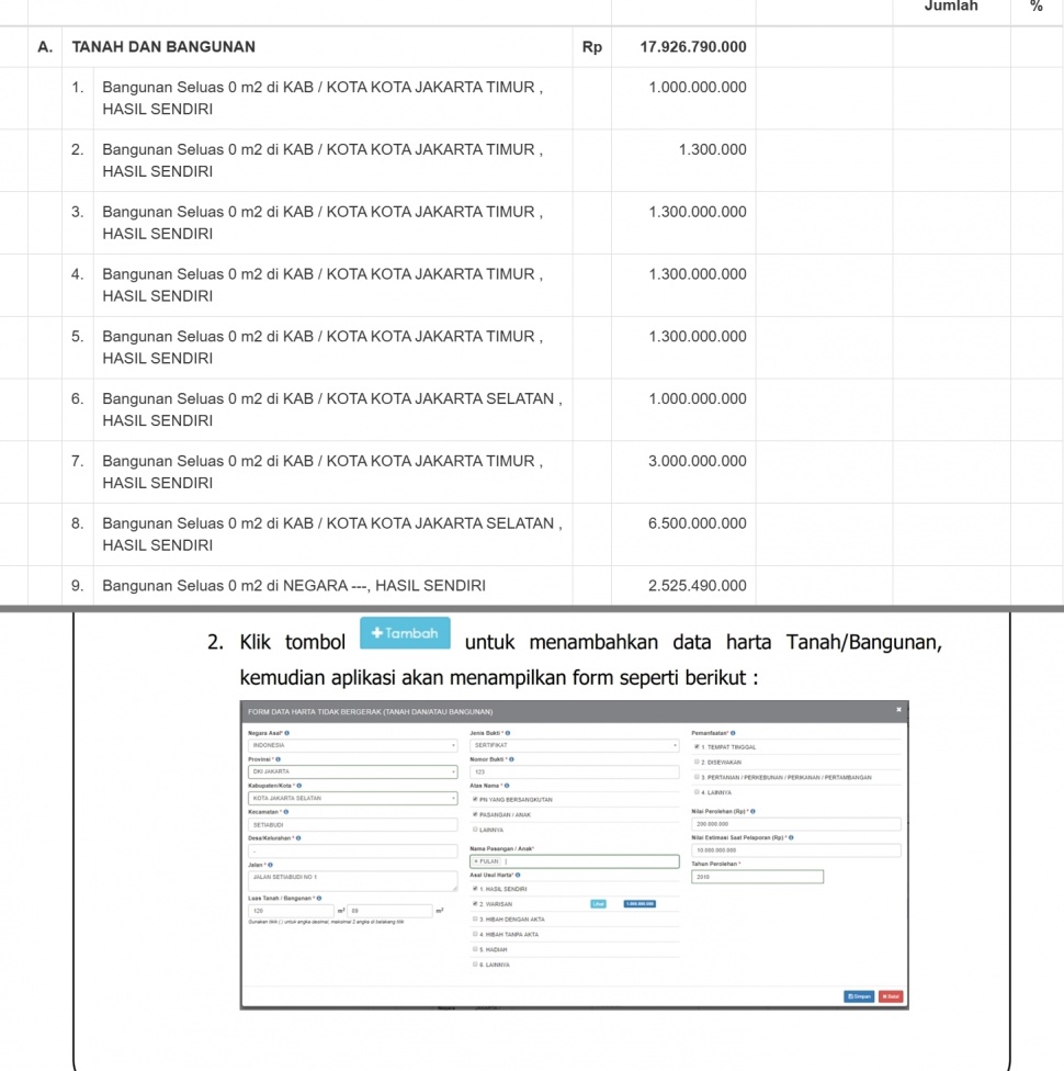 Tangkapan layar LHKPN Uya Kuya dan user manual pengisian LHKPN KPK. (elhkpn.kpk.go.id)