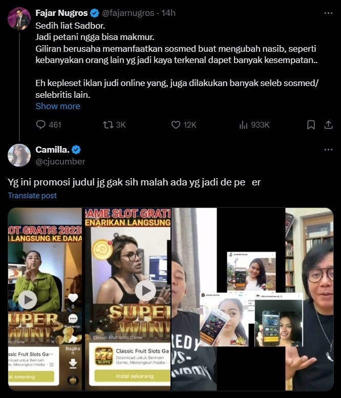 Beberapa artis yang diduga mempromosikan judi online atau judol. (X/@cjucumber)