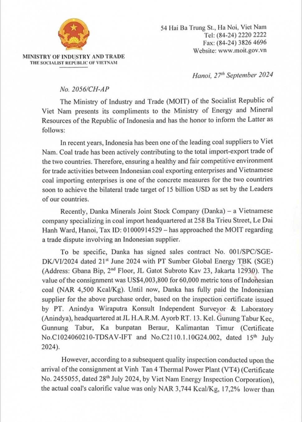 MOIT Pemerintah Sosialis Vietnam berkirim surat ke Kementerian Energi dan Sumber Daya Mineral (ESDM) Republik Indonesia. (Foto Ist)